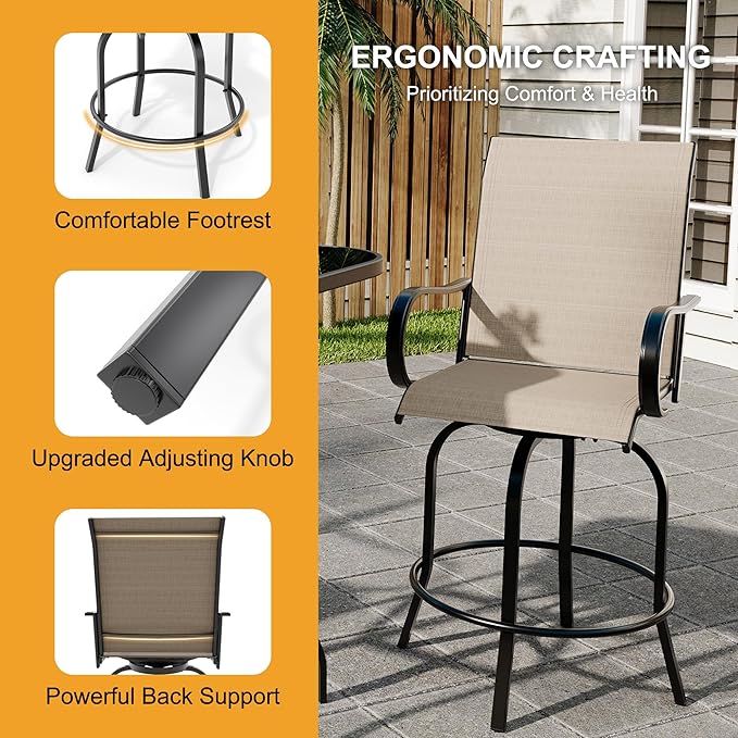3 PCS Patio Swivel Bar Stools Set, 3 Piece Swivel Outdoor Table and Chairs Bar Set, All Weather Textile Fabric Outdoor High Stool Bistro Set with High Glass Bar Table for Lawn, Garden, Balcony