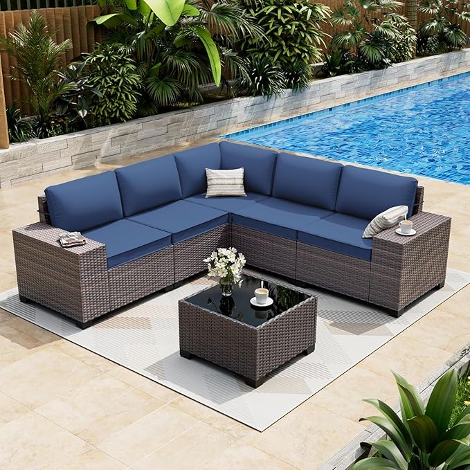 ALAULM 6 Pieces Patio Furniture Set, Oversized Seat/Armrest and High Back Wicker Sectional Furniture Set with Thick Cushion for Backyard, Garden, Navy Blue