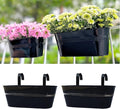 LaLaGreen Outdoor Plants Rail Planter (16 Inch, 2 Pack) Black Metal Iron Hanging Flower Oval Pots Railings Fence Buckets Modern Boho Style Wall Mount Window Boxes Plant Holder Hooks Porch Home Decor