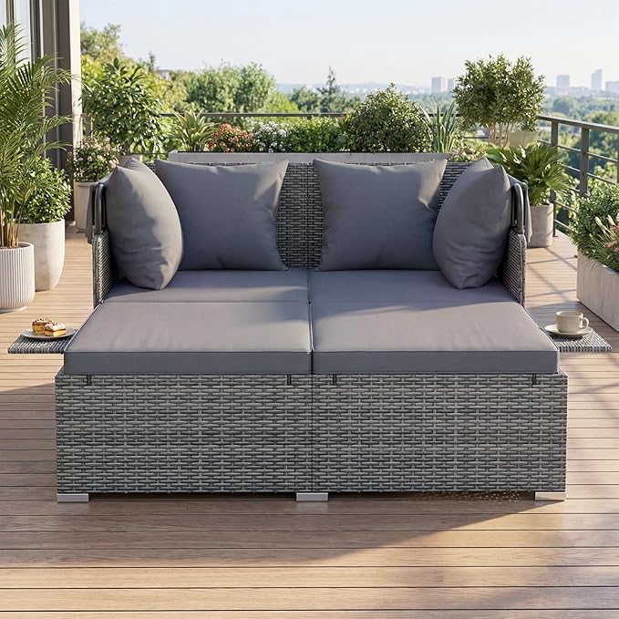 RELAX4LIFE Patio Outdoor Daybed with Canopy, Wicker Rattan Sunbed w/Cushions, 4 Pillows & 2 Retractable Side Trays, 2-Person Lounge Bed Conversation for Poolside Porch Garden (Gray-Grey)
