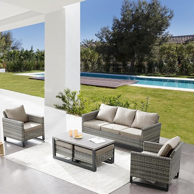 Belord 6 Piece Outdoor Furniture Patio Wicker Sofa Set, Oversize Outdoor Dining Chairs with Rattan Ottomans, Conversation Sets Patio Furniture Come with Removable Washable