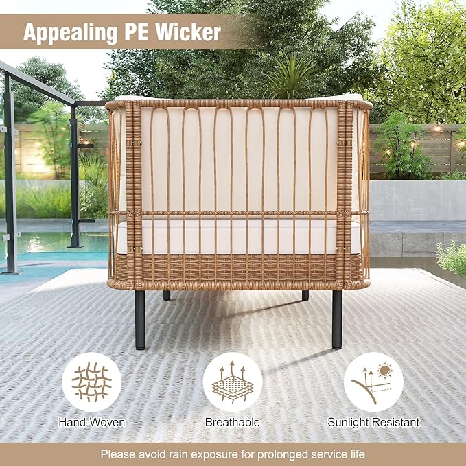 Tangkula Patio Rattan Daybed Set of 2, Boho Outdoor Wicker Lounge Sofa with Seat & Back Cushions, 2-Seat Bench Sun Lounger Chair with Robust Metal Legs for Deck, Backyard, Porch, Poolside (Off White)