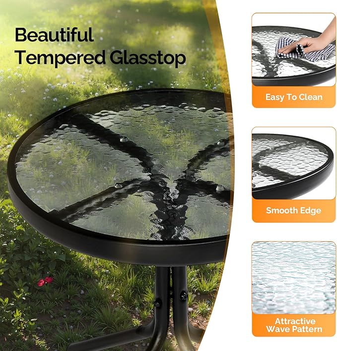 VINGLI Outdoor Side Table, 18" Patio Table Steel Frame Tempered Glass Top, Weatherproof Small Tables for Balcony Garden Poolside (Black, Round)