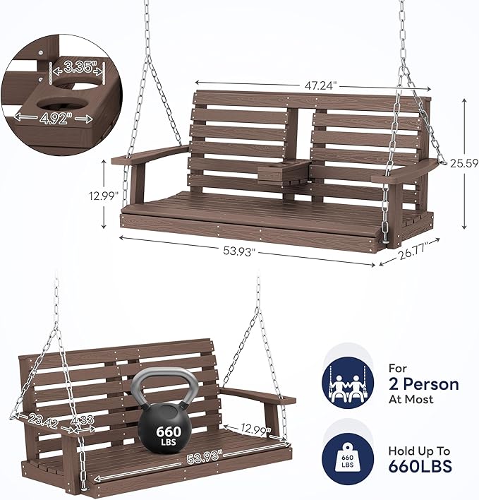 KINGYES Outdoor Hanging Porch Swing Set of 2, Waterproof Swing with Cup Holders for Courtyard & Garden, 660LBS Weight Capacity, Brown