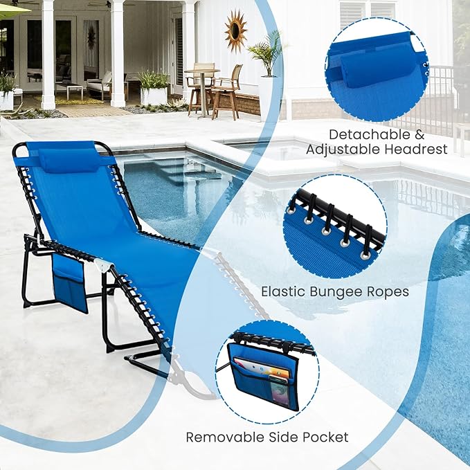 GYMAX Lounge Chairs for Outside, Extra High Folding Beach Tanning Lounger with Adjustable Backrest, Footrest & Removable Pillow, Sunbathing Lounge for Patio, Poolside (2, Navy with Pocket)