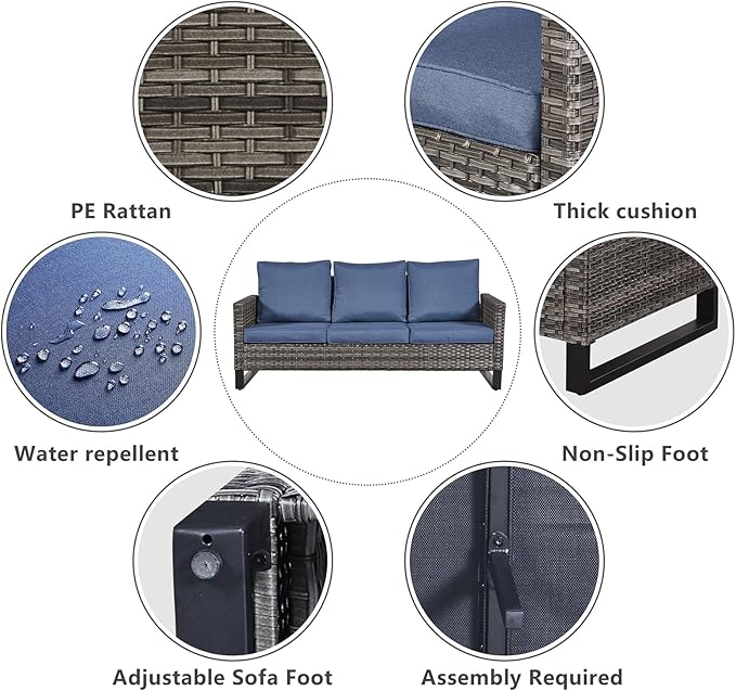 Belord Patio Conversation Set with Swivel Glider Chairs - 9 Piece Outdoor Sectional Furniture Set with Storage Box and Metal Top Table Gray Wicker/Blue Cushions