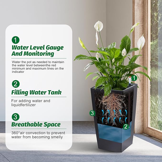 GarveeLife 16 in Tall Planters Set of 2, Outdoor＆Indoor Black Planter Pots, High Front Porch Planter Pots with Drainage Holes＆Water Level Monitor＆Inner Bucket, Automatic Watering,Black
