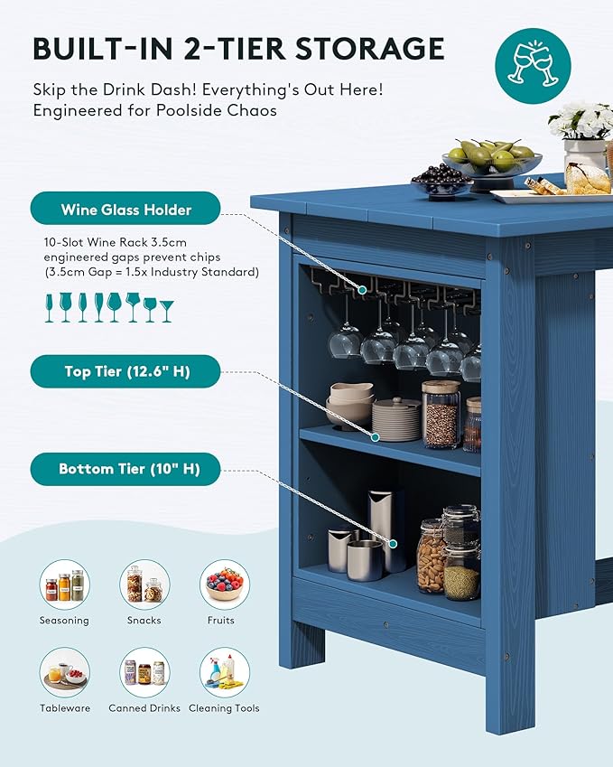 SERWALL 3-Piece Outdoor Counter Height Bar Set, HDPE Patio Bar Table with Wine Rack & Storage Shelf, 2 All-Weather Bar Stools, Patio Bar Dining Furniture Set for 3, Blue