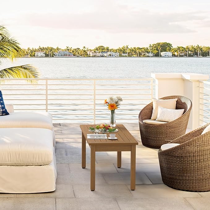 LUE BONA Outdoor Coffee Table Rectangle, HDPS Patio Coffee Tables for Outside, All Weather Patio Coffee Table with Slatted Tabletop for Deck, Garden, Balcony, Indoor or Outdoor Use, Teak