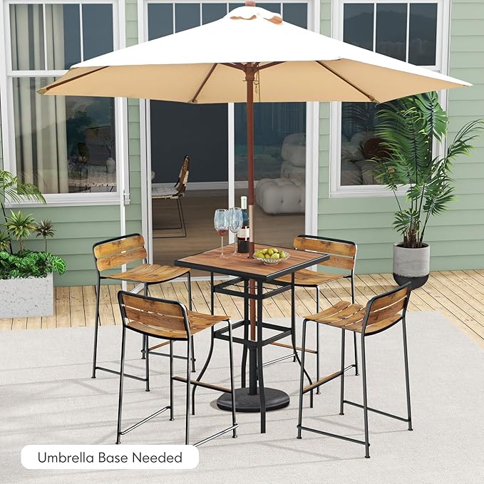 Tangkula 27.5 Inch Patio Bar Table, Outdoor Bar Height Table with 1.5" Umbrella Hole, Wooden-Like Tabletop & Heavy-Duty Metal Frame, Square Bistro High Top Table for Backyard, Balcony, Poolside