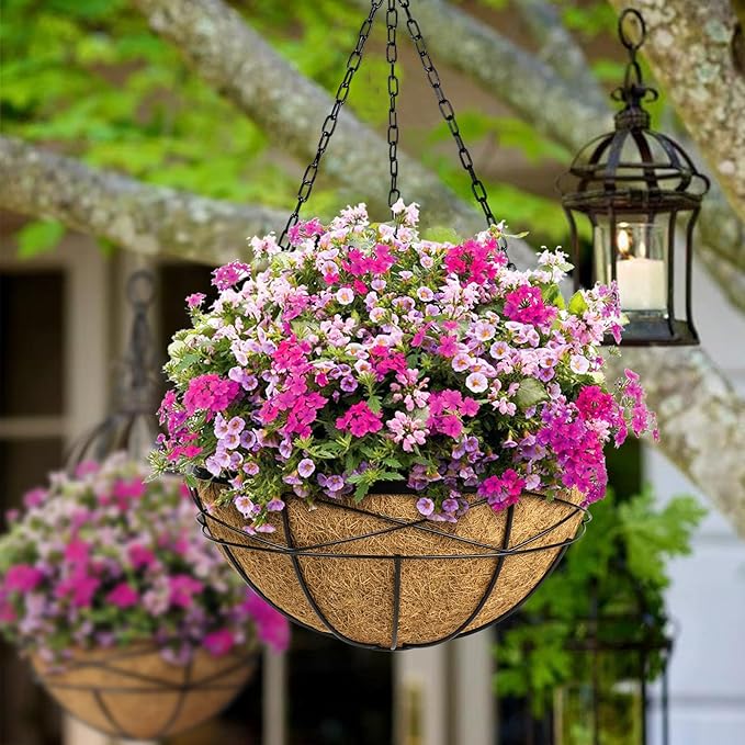 4 Pack 16 Inch Hanging Planters for Outdoor Plants Metal Wire Flower Baskets with Coco Liner & Plastic Saucer Large Deep Hanging Plant Pots for Porch Balcony Garden Décor