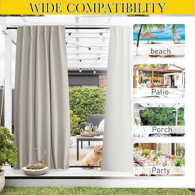 NICETOWN 2 Panels Fixed Outdoor Curtains for Patio Waterproof, Top & Bottom Pocket & Back Tab Windproof Thermal Cold & Heat Block Blackout Outdoor Drapes for Porch/Gazebo, W52 x L84, Natural