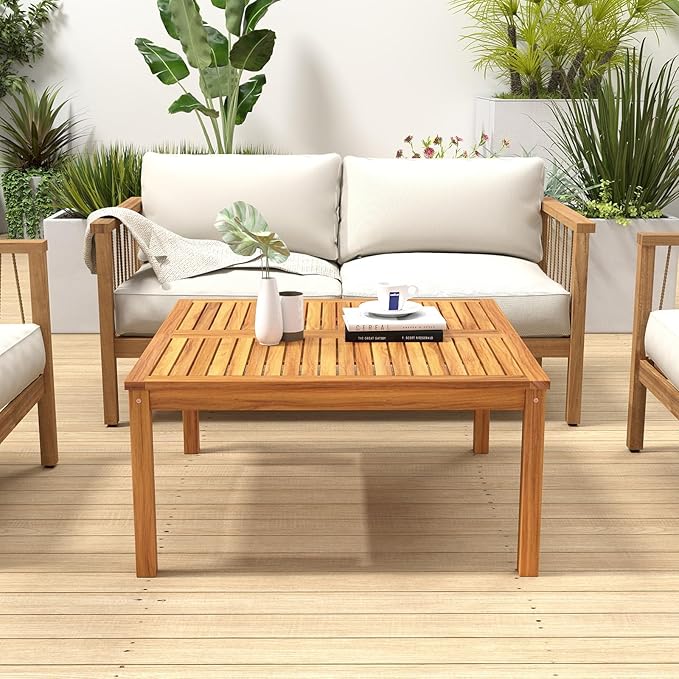 RELAX4LIFE Wood Outdoor Coffee Table - 35.5’’ Square Patio Tables w/Slatted Tabletop & Solid Legs, Patio Dining for Balcony Garden Porch Poolside Deck, Acacia Wooden Outdoor Side Table