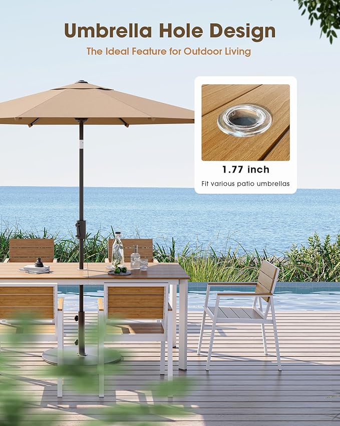 Outdoor Patio Dining Table, Aluminum & HDPS Outdoor Table with Umbrella Hole, All-Weather for Deck, Garden, Lawn, Backyard, Poolside (White & Teak)
