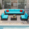 Shintenchi 7 Pieces Patio Furniture Sets Outdoor All-Weather Sectional Patio Sofa Set PE Rattan Manual Weaving Wicker Patio Conversation Set with Glass Table&Ottoman Cushion and Red Pillows, Blue
