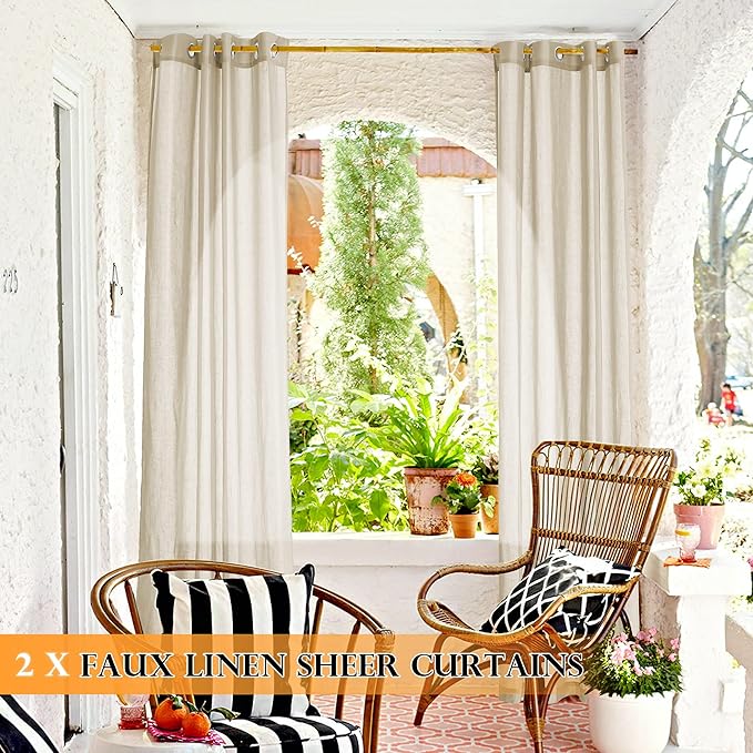 RYB HOME Outdoor Linen Curtains for Porch Waterproof Light & Airy Faux Linen Textured Drape for Balcony Backyard Cabana, 52 Inch Wide by 96 Inch Length, Beige, 2 Pieces