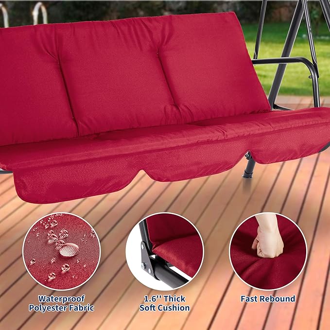 Porch Swing Chair with Adjustable Canopy for Adults 3-Seat Patio Glider Bench with Thick Cushions Steel Frame Outdoor Swing Chair for Backyard Lawn Garden Red