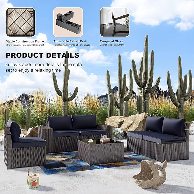 Kullavik 12 Pieces Outdoor Patio Furniture Set PE Wicker Rattan Sectional Sofa Patio Conversation Sets,Navy Blue
