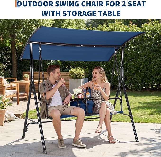 Porch Swing with Cup Holders & Pivot Storage Table & Cooler Bag with Adjustable Canopy for 2 Person Patio Swing for Backyard Balcony Poolside Red Blue
