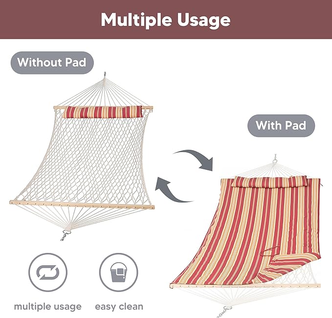SUNCREAT Two Person Rope Hammock with Pad, Hanging Tree Double Hammock with Large Pillow, Hardwood Spreader Bar, Red Stripe
