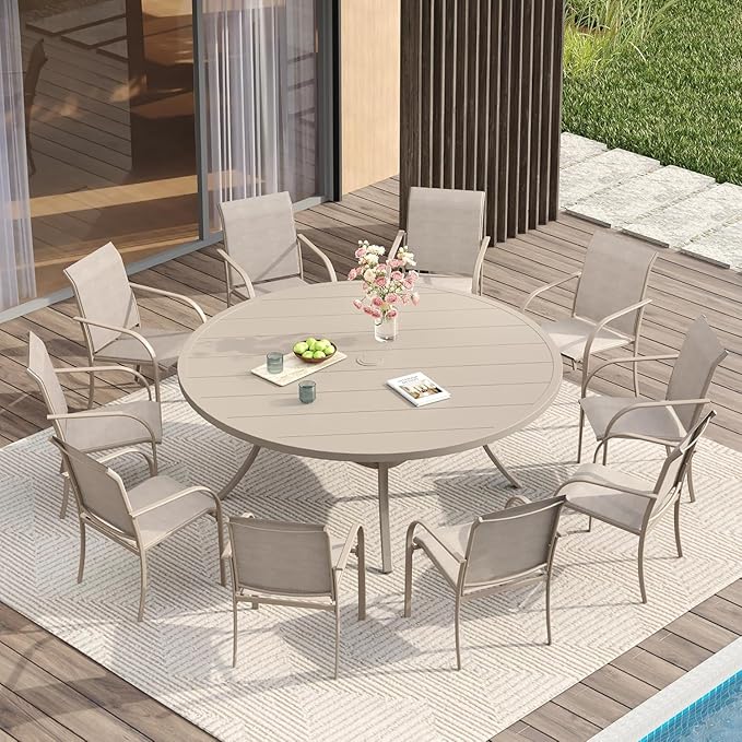 VICLLAX Large Patio Dining Furniture Set, Outdoor Dining Set for 10-60" Round Outdoor Table and Patio Stackable Chairs, Sandshell Color Tabletop and Fabric