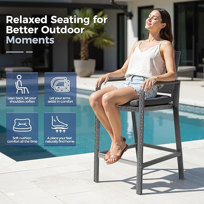 NICESOUL 7-Piece Outdoor Patio Bar Set, Wicker High Top Table with 6 Cushioned Chairs and Hidden Double Storage Shelves, Rattan Counter Bar Height Dining Set for Backyard, Garden, Poolside, Gray