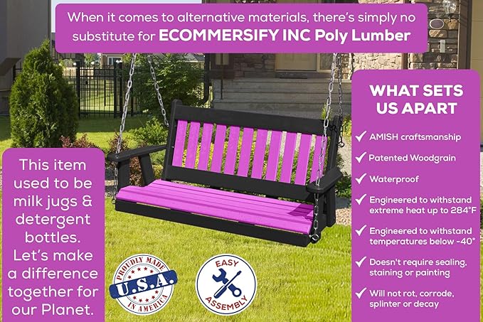Poly Lumber Wood 4FT Mission Porch Swing Amish Craftsmandship Made in USA HDPE with No Wood fibers 1000 lbs Limit. Stainless Steel Hardware.Signature Design for Patio Outdoor Backyard Garden Park