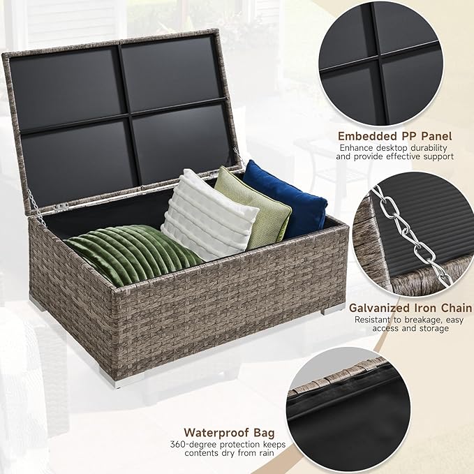 ONBRILL Outdoor Coffee Table with Storage, Rattan Storage Coffee Table with Internal Waterproof Bag, Low Side Table for Patio, Porch, Backyard, Poolside - Brown