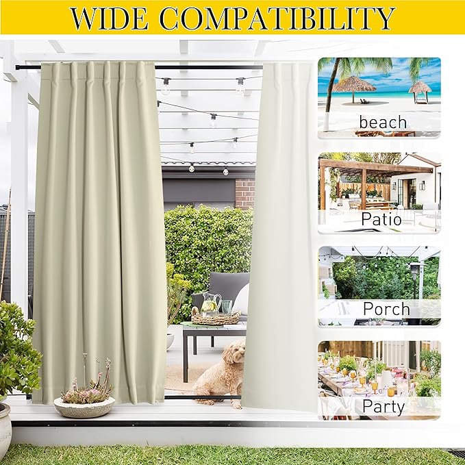 NICETOWN 2 Panels Waterproof Outdoor Curtains Fixed Grommet & Back Tab on Top & Bottom, Thermal Insulated Keep Rain & Sun Out Blackout Windpoorf Outdoor Draperies with Rope, W52 by L108, Light Beige