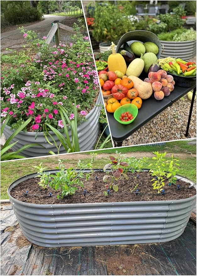 A ANLEOLIFE 7-Set 8X4X2 ft Galvanized Raised Garden Bed Kit, Oval Metal Deep Root Planters for Outdoor Plants, Quartz Grey