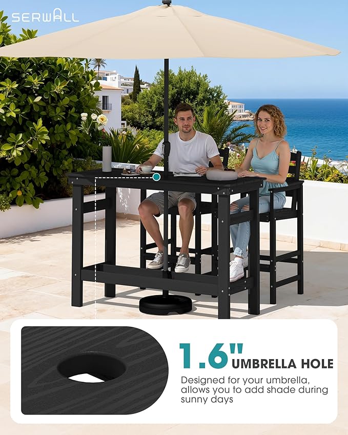 SERWALL Outdoor Bar Set - 4 Adirondack Bar Chairs & Bar Height Table with 1.6" Umbrella Hole, All-Weather HDPE Patio Furniture for Poolside, Backyard, Garden - Black