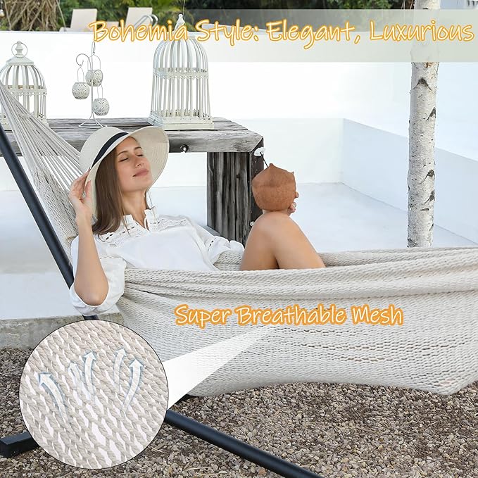 ZEAN Handwoven Hammock by Thick Cotton Rope XL Two Person Hammock for Outside, Patio Backyard Garden 550LB Capacity