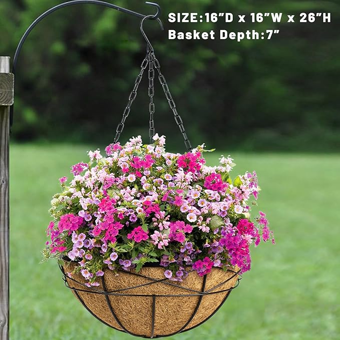 2 Pack 16 Inch Hanging Planters for Outdoor Plants Metal Wire Flower Baskets with Coco Liner & Plastic Saucer Large Deep Hanging Plant Pots for Porch Balcony Garden Décor