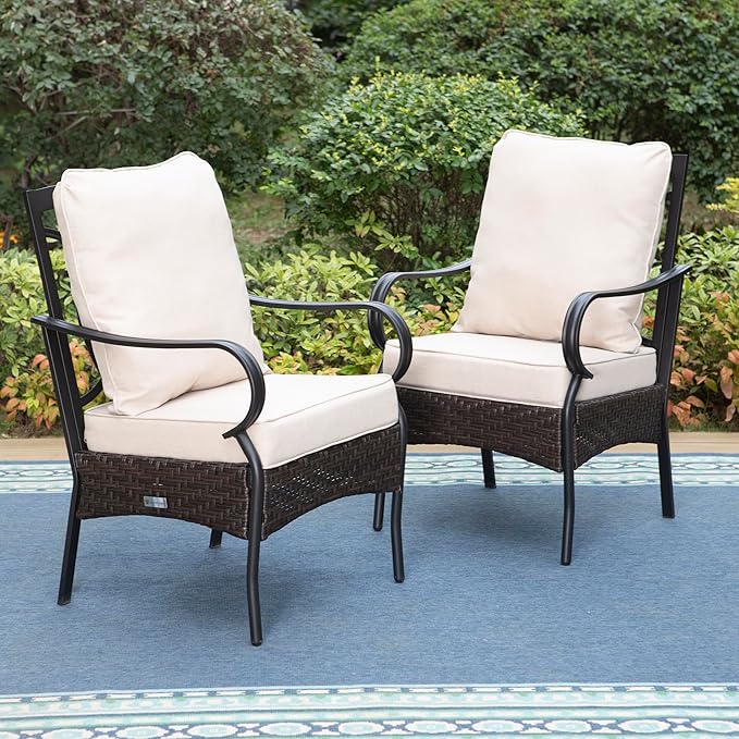 PHI VILLA Patio Dining Chairs Set of 2, Heavy Duty Outdoor Metal Wicker Dining Chair with Padded Cushions, Indoor Outdoor All Weather Wrought Iron Patio Chair Support 300lbs