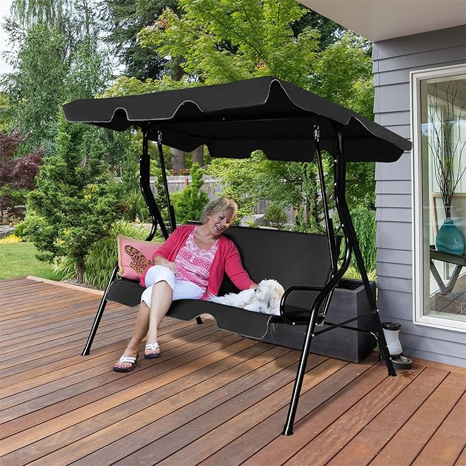 Porch Swing Outdoor, 3 Person Patio Swing w/Removable Cushion, Stand & Adjustable Canopy, Heavy Duty Swing Chair for Patio, Garden, Courtyard, Poolside