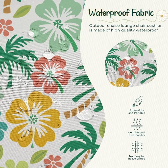 4 Pack Outdoor Chaise Lounge Chair Cushion 75.1 x 22.8 x 4.7 Inches 100% Waterproof Replacement Cotton Patio Pool Lounge Chair Cushion for Outdoor Furniture with Ties, Green Coconut Tree