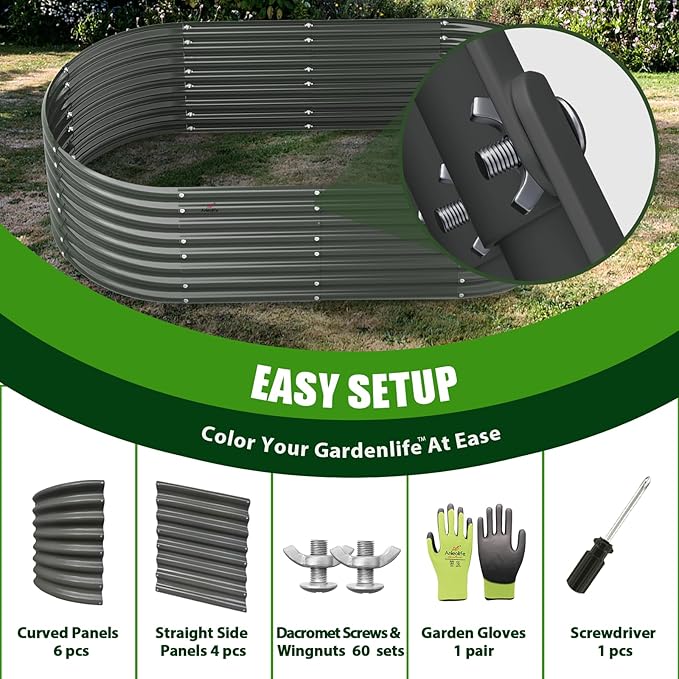 A ANLEOLIFE 4-Set 8X4X2 ft Galvanized Raised Garden Bed Kit, Oval Metal Deep Root Planters for Outdoor Plants, Quartz Grey