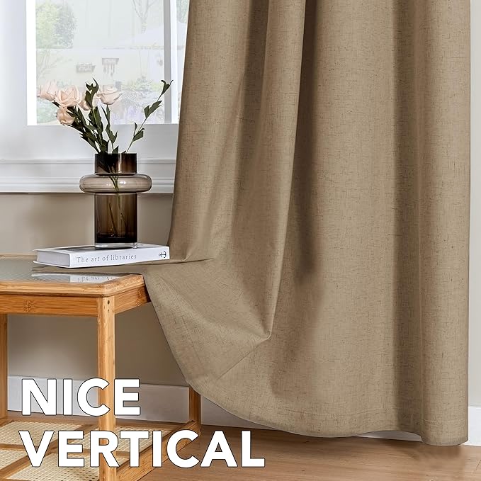 H.VERSAILTEX Linen Curtains 100% Blackout Curtains for Bedroom 54 inch Long Full Light Blocking Nature Linen Blended Window Curtains for Living Room Nickel Grommet (2 Panels, Heathered Macchiato)