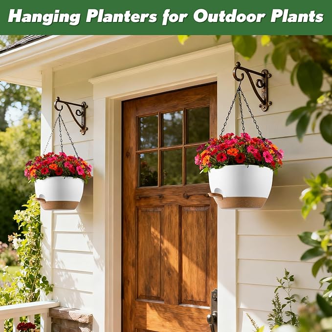13-inch Oversized Hanging Planter Set of Two,Planters for Indoor and Outdoor Plants.Place Plant pots Across Diverse Settings Including windowsills,Living Room,and Gardens.White-Brown