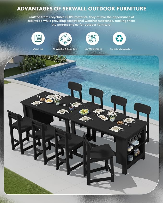 SERWALL Outdoor Bar Stools Set of 2, All Weather HDPE 25" Counter Height Bar Stools with Back, Outdoor Armless Barstools for Patio, Garden, Backyard, Balcony, Poolside, Black