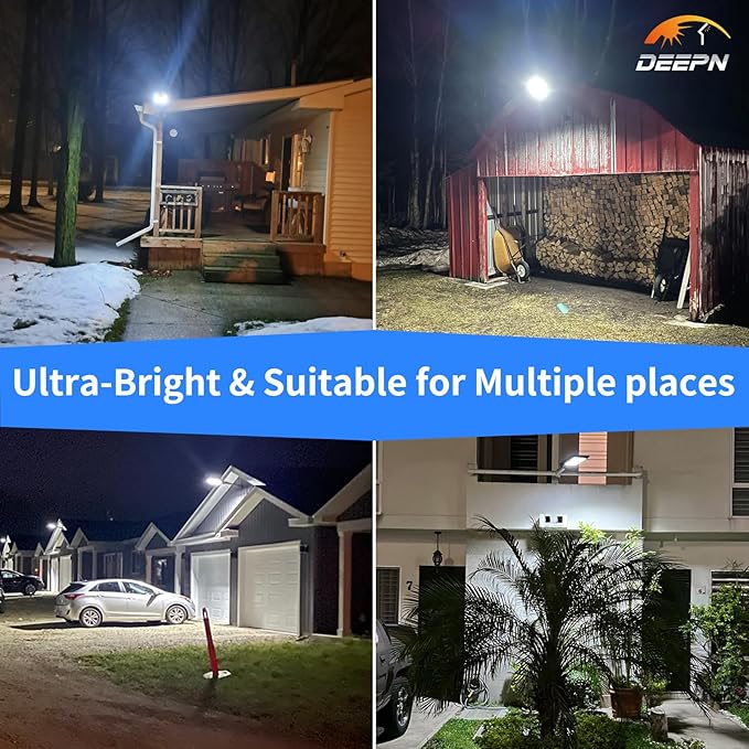 Deepn Solar Lights Outdoor, IP66 Waterproof Street Lights Outdoor, 6500K Dusk to Dawn Solar Security Flood Lights Motion Sensor with Remote Control for Yard, Entryway Garage, Porch 2 Pack