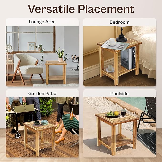 Adirondack Side Table – Weather-Resistant Rectangular End Table for Patio, Garden, Lawn, or Living Room | Indoor & Outdoor Wood Side Table, Rustic Style (NATURAL TEAK WOOD)