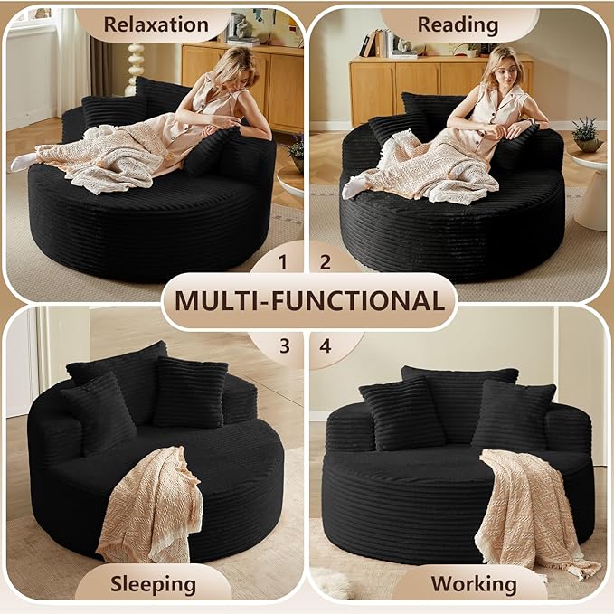 Oversized Round Chair Lounge Chaise Indoor, Upholstered Corduroy Deep Seat Cloud Large Circle Sofa Chair, No Assembly Required, Fluffy Modern Sleeper Sofa Bed for Reading, Dark Black