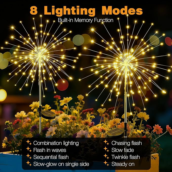 btfarm 1 Pack Solar Garden Lights Outdoor, 8 Modes Firework Lights Solar Powered, Waterproof Twinkle Fairy Light Outside for Yard Patio Pathway Pool Christmas Party Decorative, Warm White