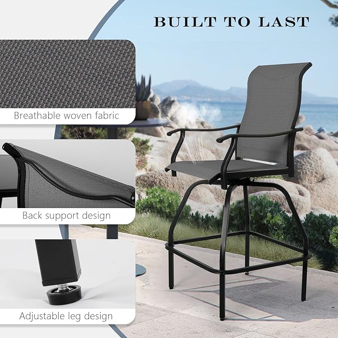 LEVELEVE Patio Bar Set 4pcs Swivel Bar Stools Outdoor Bistro Textilene Furniture Stability All-Weather Set (Grey Fabric)
