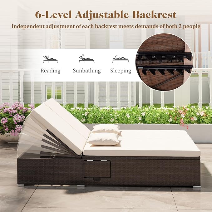 Tangkula Outdoor Rattan Daybed with 6-Level Adjustable Backrests, 2-Person Adjustable Wicker Recliner Bed with Cushions & Folding Side Trays, Double Sunbed Lounger for Balcony, Backyard & Poolside