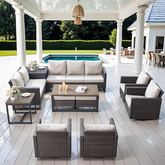 Belord Spacious 11 Pieces Patio Conversation Set - 5-Seater Outdoor Furniture Sectional Sets with Swivel Glider Chairs Set of 4 and Storage Box, Metal Top Coffee Table with Embedded Ottoman Brown