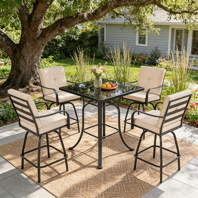 Patio Swivel Bar Stools, Outdoor Bar Height Swivel Chairs Set of 2 with Cushion & All Weather Steel Frame for Backyard, Lawn, Poolside and Balcony, Beige