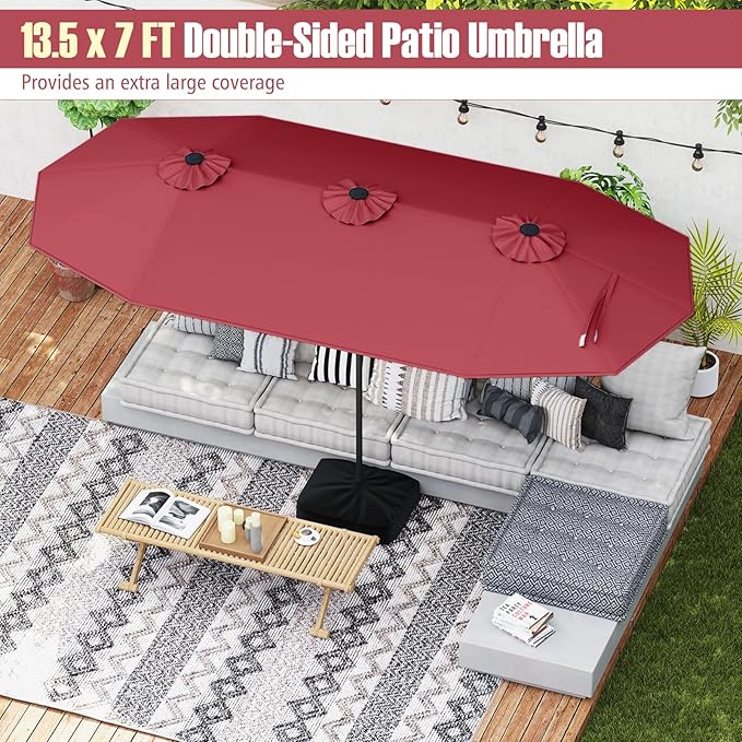 Tangkula 9 Piece Rattan Outdoor Dining Set with 13Ft Umbrella for 6, Outdoor Wicker Table Set with 6 Cushioned Armchairs, Acacia Wood Top, Outdoor Umbrella & with Base Included