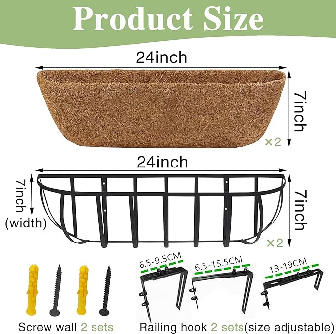 24 Inch Railing Planter Window Box Deck Balcony Rail Planter with Coco Liner Metal Wall-Mounted Coconut Liner Planter Basket English Horse Trough Planters for Outdoor Balcony Porch Fence (2 Pack)